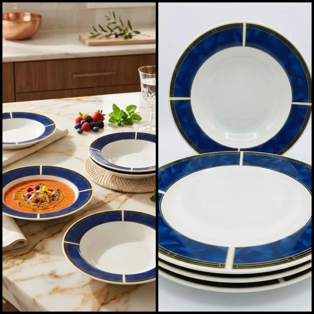 4 Vintage Sapphire Sango 8822 MCM Stoneware Blue White Yellow 8.5” Retro Bowls